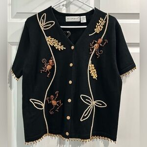 Belle Pointe Vintage Wooden Bead Monkey Cardigan Sweater Size XL Boho Artsy Cord